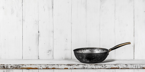 Rustic black frying pan white wooden background farmhouse kitchen shelf concept culinary vintage cookware mockup banner copyspace decor editorial lifestyle retro industrial chef empty utensil aged