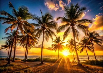 Silhouetted palm trees bask in the golden hour sunset's radiant glow.