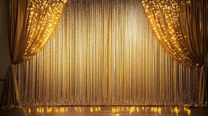 Glitter golden curtains reveal show grand opening stage, curtain decorative backdrop with gold curtain, Fringe for Wedding Decoration, Birthday Party, Christmas Decoration, New Year's Eve
