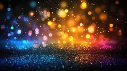 glitter vintage lights background. gold, blue and black. de-focused. blurred yellow and cyan glow sparks from neon lights with blank spot on black background