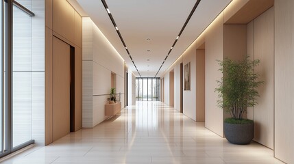 Fototapeta premium Bright and modern hallway with sleek design, natural light, and greenery. Generative AI
