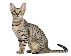 Naklejka premium Elegant Egyptian Mau Cat Sitting on White Background. Egyptian Mau Portrait Isolated on White Background. 