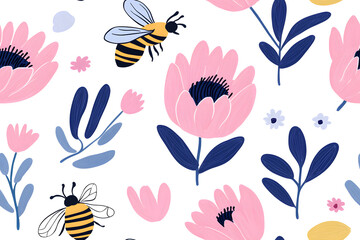 Hand drawn seamless pattern illustration of flowers and honeybees, isolated on white