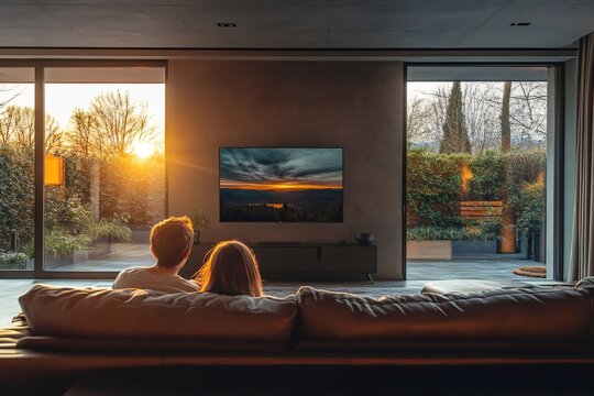 Couple relaxing on sofa watching television at sunset in modern living room