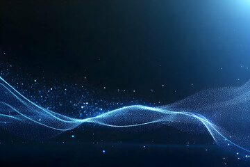 Abstract Blue Particle Wave Flows Smoothly Across Dark Background with Subtle Light Particles.