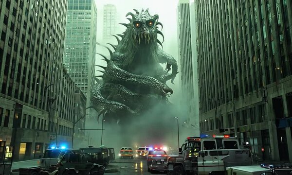 Background of giant monsters rampaging and destroying the city