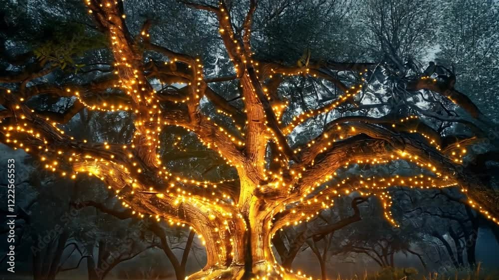 Poster A large, majestic tree is adorned with glowing lights, casting a warm glow in a tranquil forest setting during dusk. The surrounding greenery enhances the magical atmosphere.