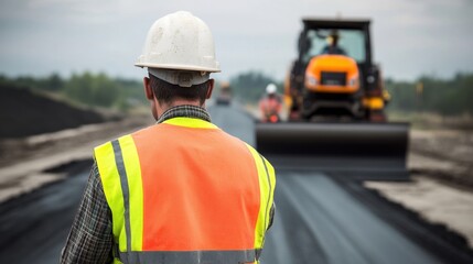 A close-up of a highway construction worker in a hard hat and safety vest, with a paving machine and newly laid asphalt in the background, Highway construction scene