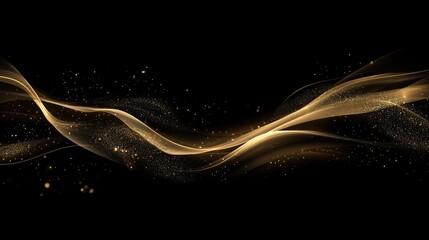 Glittering gold dust and particles wave on a black background, creating a luxurious and futuristic atmosphere,
