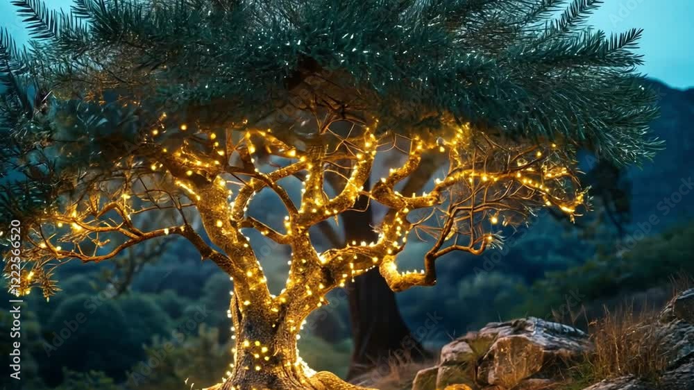 Poster A stunning tree adorned with warm lights stands majestically in a tranquil natural setting during twilight. The gentle glow highlights the intricate branches and roots against the fading light.