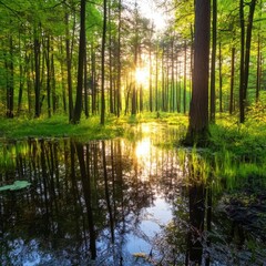 Serene Forest Landscape with Sunlight Through Green Trees and Water