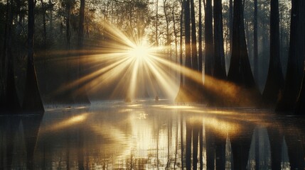 Serene Sunrise Over Misty Swamp with Radiant Sunbeams and Trees