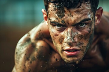 Obraz premium Close up of a determined athlete with a mud covered face, pushing his limits during intense training