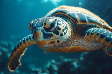 Fototapeta premium Diver Gently Holding Serene Sea Turtle Amid Vibrant Coral Reefs and Sunlit Waters