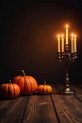 Pumpkins and candelabras on a dark wooden stage, warm candlelight glows, candelabras, fall