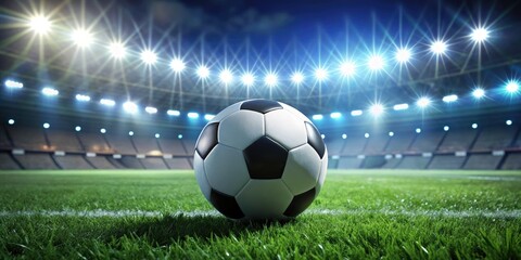 Fototapeta premium Under stadium lights, a close-up captures the raw energy of a night soccer game, ball in action.