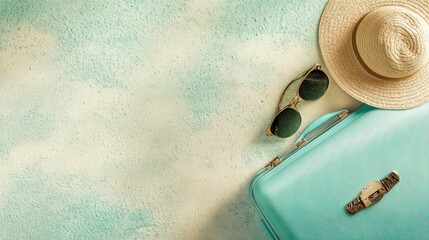 A light blue suitcase with sunglasses and a hat on the side, creating a travel concept background banner with a copy space area.