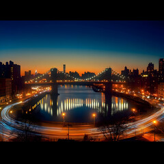 Cityscape at Night with Suspension Bridge, Illuminated Roads, and City Skyline