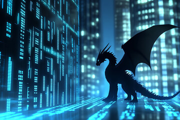 A glowing silhouette of a majestic dragon, its outline illuminated with vibrant neon light. 