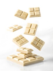 Obraz premium Pieces of creamy white chocolate floating against a clean white background. A minimalist and elegant concept for desserts, chocolate lovers, or food advertising.