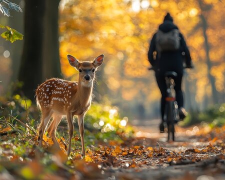 Cyclist stops to feed curious deer on forest trail dappled sunlight filters through lush greenery