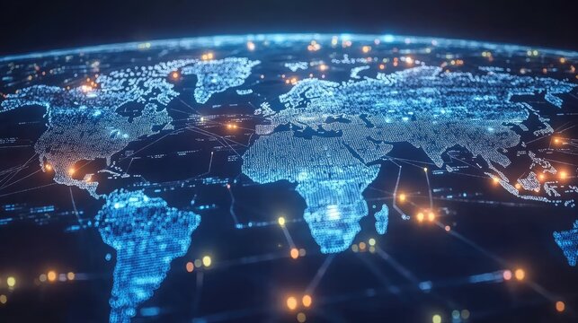 Global network and connectivity concept, abstract world map, international data transfer and cyber technology, worldwide business, telecommunication and information exchange.