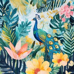 Peacock amidst lush tropical flowers and foliage; vibrant nature scene for home decor