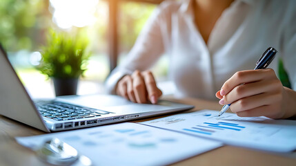 Entrepreneurial businesswoman analyzing data outdoors urban workspace digital reports bright environment close-up view empowerment