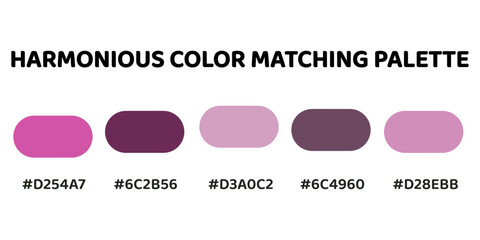 Harmonious color palette with five colors. This palette creates a cohesive and dynamic look, perfect for designs that require a sense of energy. Magenta, Mahogany, Lavender, Charcoal, Rose. 108.