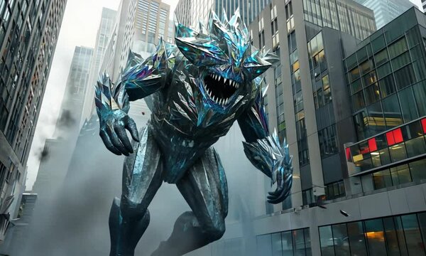 Background of giant monsters rampaging and destroying the city