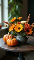 Pumpkins and flowers on a vintage metal table, centerpiece, arrangement