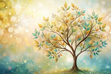 Enchanted Autumnal Tree in a Dreamlike Setting, Illuminated by Soft Golden Light and Glimmering Particles