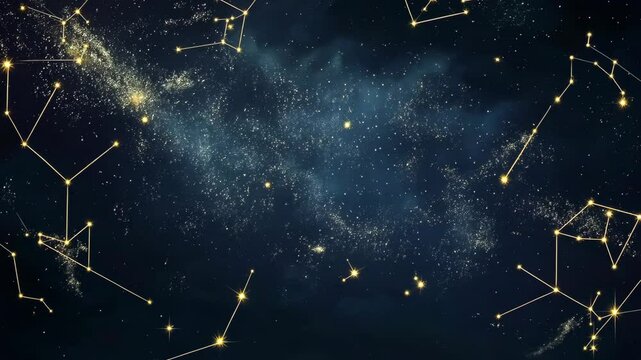 Horizontal video of starry night sky with golden constellations and sparkling galaxy background. Suitable for video and space-themed designs