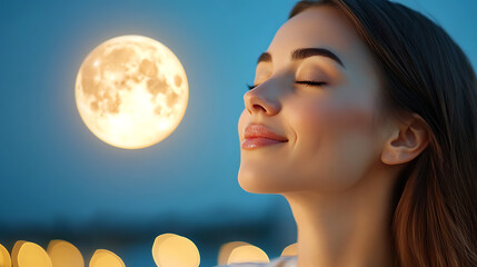 Naklejka premium Cat gazing at the full moon from rooftop urban setting nighttime scene serenity dreamlike atmosphere
