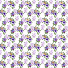 Seamless pattern with watercolor wreath of violet spring, summer flowers on white. Perfect for textile, fabric, wrapping, bedding, design paper, backdrop, wall hanging, wallpaper, scrapbooking