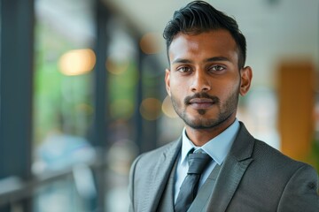 Young businessman standing in a modern office building, conveying professionalism and success