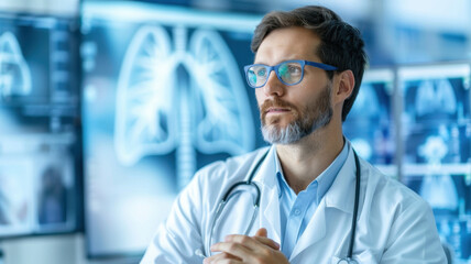 Fototapeta premium focused pulmonary specialist in white coat with stethoscope, analyzing lung imaging on multiple monitors in modern medical setting