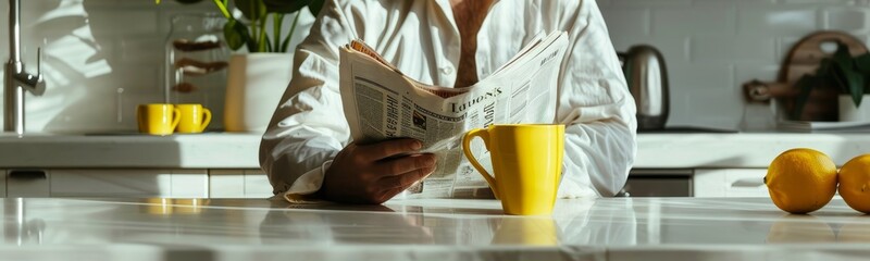 man reading newspaper in kitchen in the morning having breakfast