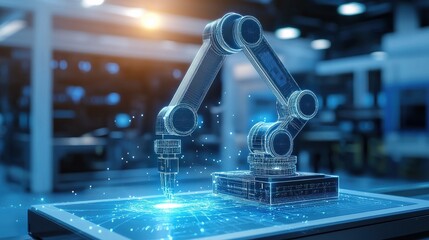 Fototapeta premium Robotic arm technology revolutionizing manufacturing processes factory setting digital visualization industrial environment close-up view innovation