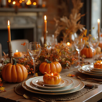 D&eacute;coration de table chaleureuse pour un d&icirc;ner familial de Thanksgiving.