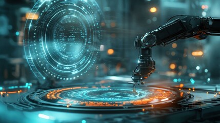 Robotic technology innovation advanced automation systems futuristic laboratory digital interface high-tech environment