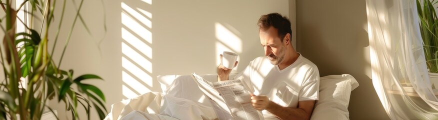 man reading newspaper in bed in the morning