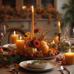 D&eacute;coration de table chaleureuse pour un d&icirc;ner familial de Thanksgiving : ambiance rustique avec bougies, citrouilles et centre floral &eacute;l&eacute;gant.