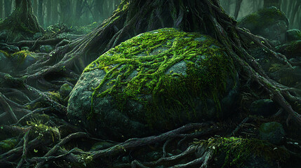 A moss-covered stone surrounded by intricate tree roots in a mystical forest setting