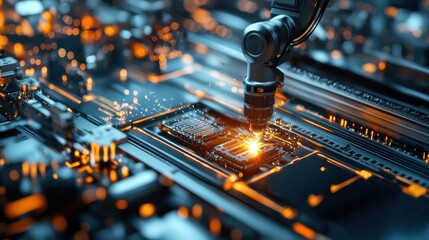 Robotic technology integration in circuit fabrication industrial facility close-up view futuristic concept
