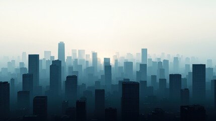 Fototapeta premium Urban skyline shrouded in mist, evoking a mysterious atmosphere at dawn.