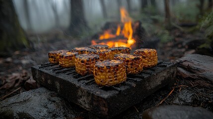Fototapeta premium Grilled Corn on the Cob by Campfire in the Misty Forest