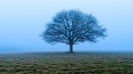 Solitary Oak in Morning Mist: A lone, leafless oak tree stands silhouetted against a vast expanse of misty field, bathed in the cool, ethereal light of early morning.
