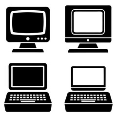 Set of vintage computer silhouette vector icon illustration, laptop, computer on white background.