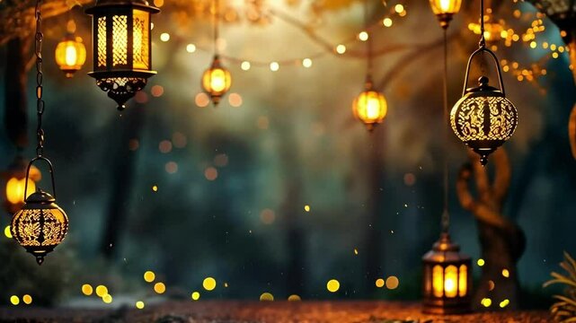 Hanging lanterns glowing warmly in serene outdoor setting, string lights and festive atmosphere. Ramadan and Eid al-Fitr